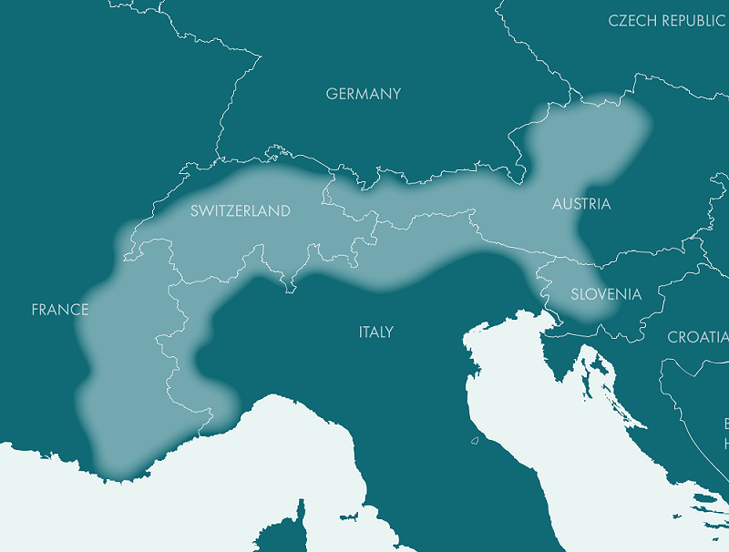 alps mountains on world map